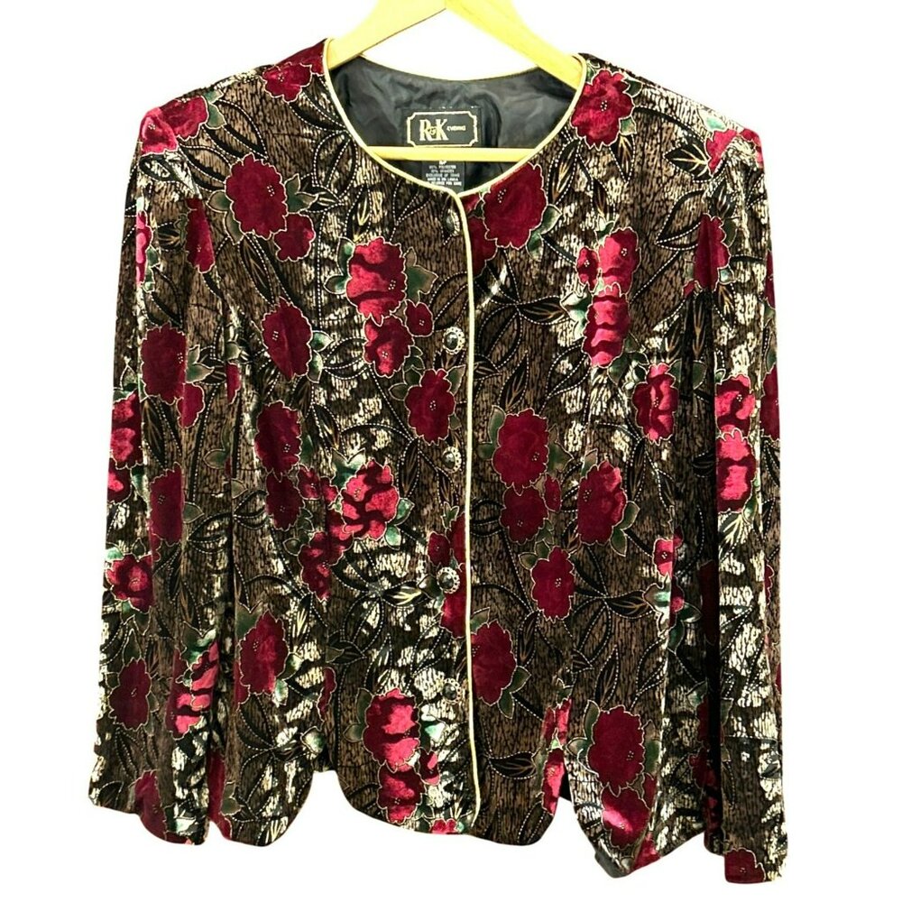 Vintage R&K Evening Women's Red Brown Burnout Velvet Cardigan Gold Trim Size 16P